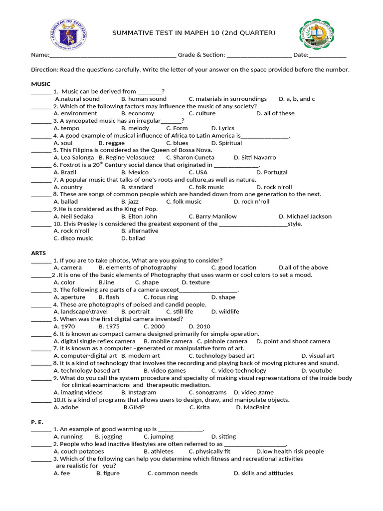 Mapeh 10 2nd Quarter Summative Test Pdf Camera