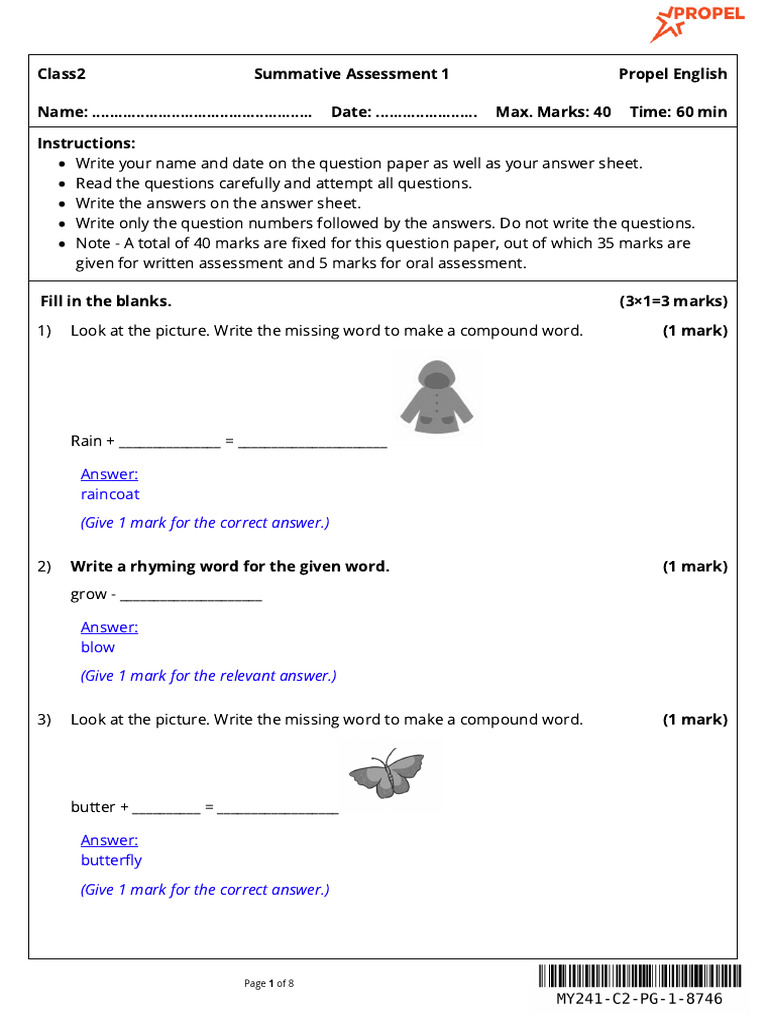 Class2 Propel English MOY AnswerKey 8746 | PDF