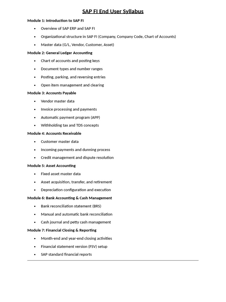 SAP FI End User Training Syllabus | PDF