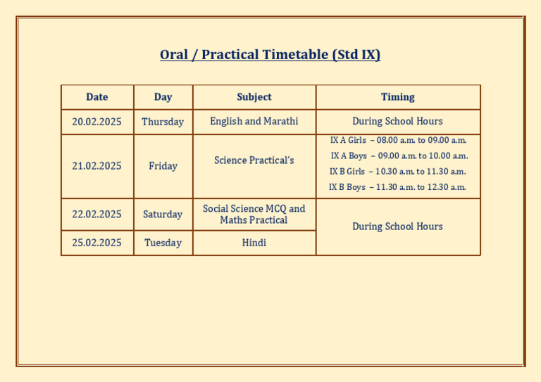 Std IX Oral/Practical Exam Schedule | PDF