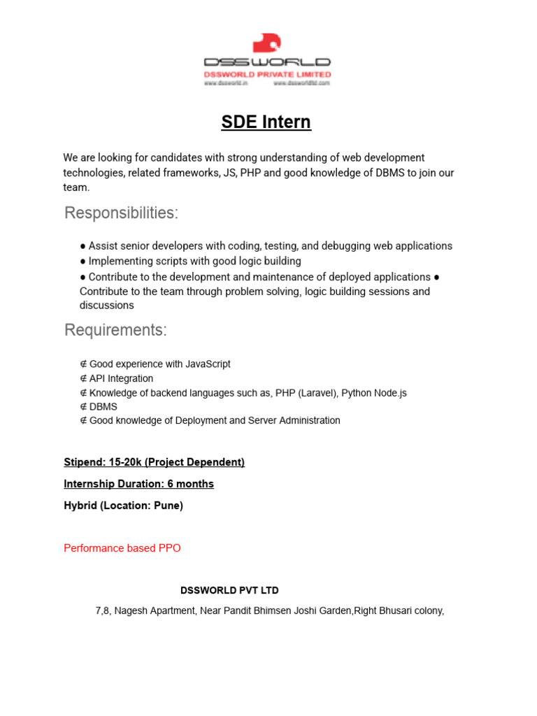 SDE Intern: Web Dev & DBMS Skills | PDF