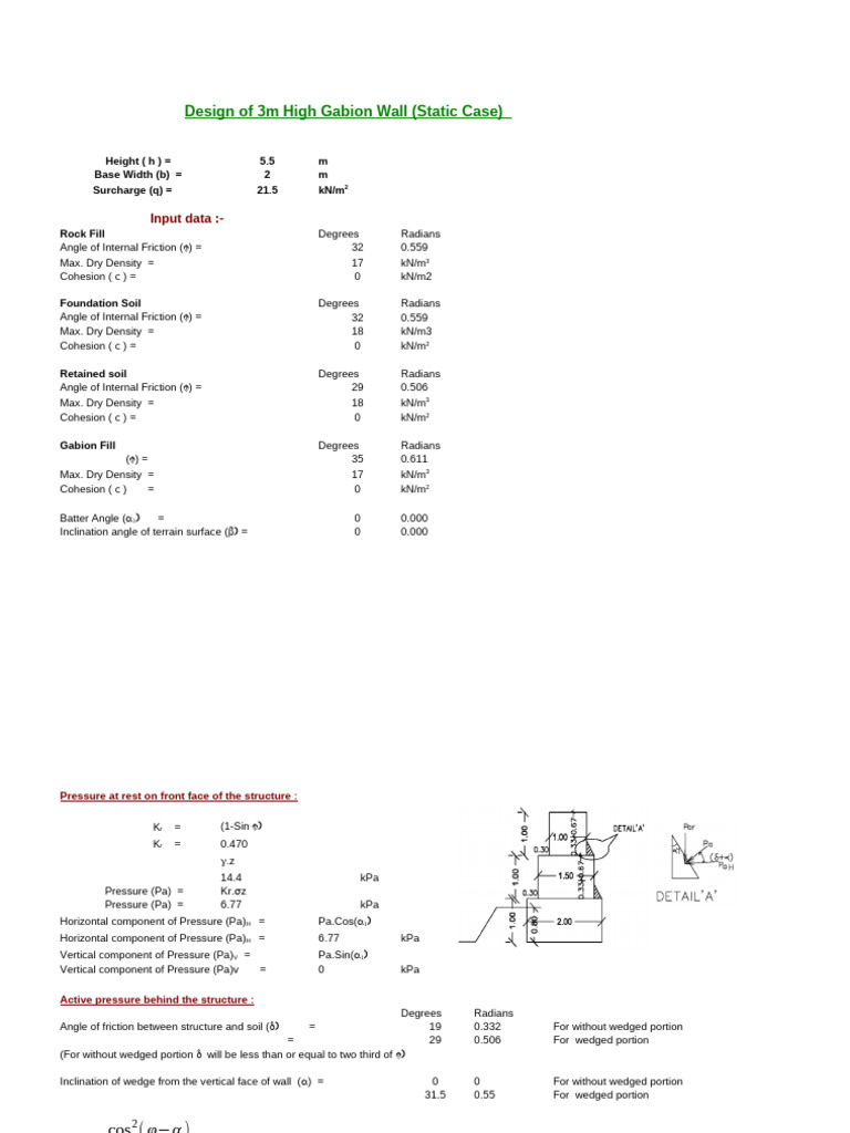 Gabion Wall Design Calculations | PDF | Pressure | Classical Mechanics