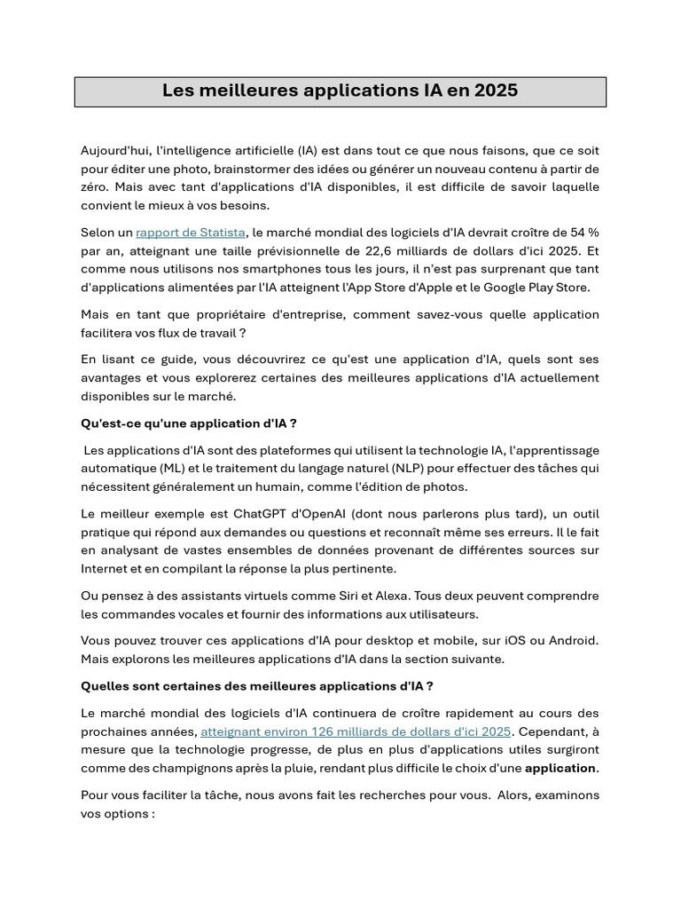 Meilleures applications IA 2025 | PDF | Intelligence artificielle ...