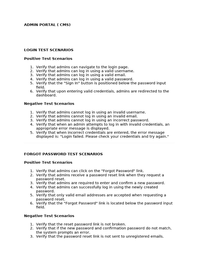 Admin Portal Login Test Scenarios | PDF | Login | Microsoft Excel