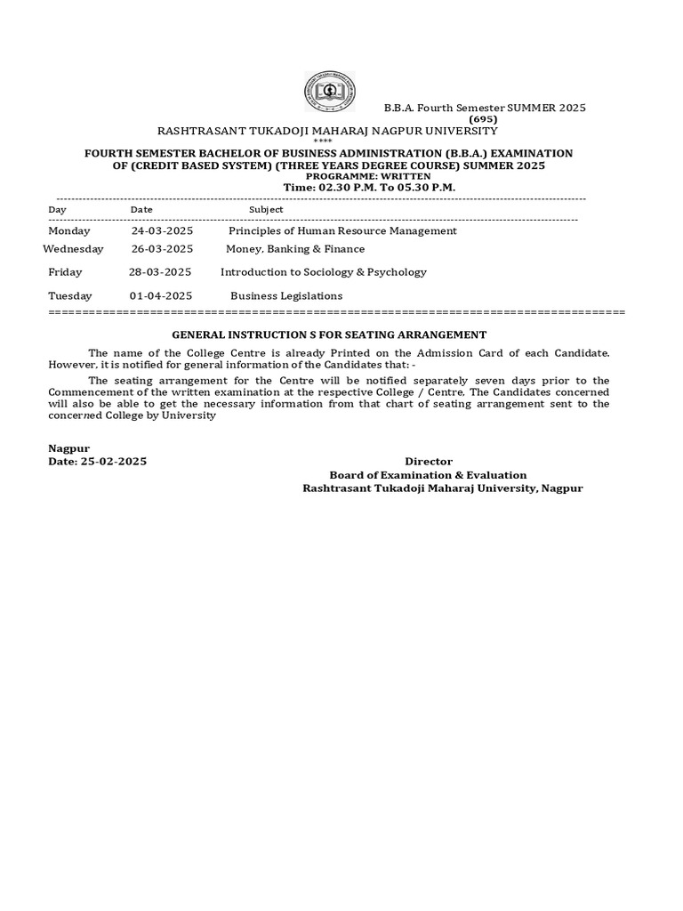 BBA 4th Sem Exam Schedule Summer 2025 | PDF | Educational Stages