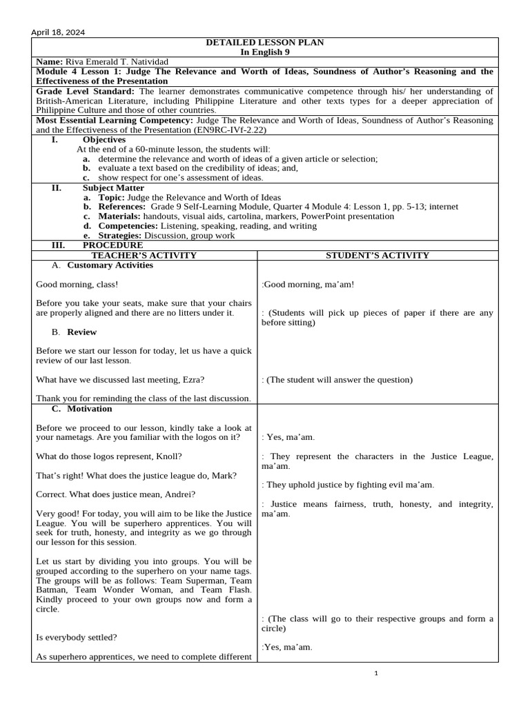 Detailed Lesson Plan-Judging The Relevance | PDF | Truth | Wonder Woman