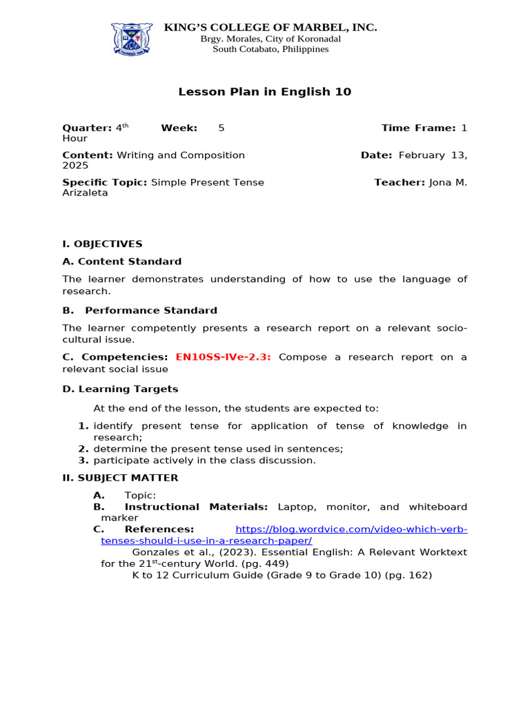 English 10 Lesson Plan: Simple Present Tense | PDF | Grammatical Tense ...