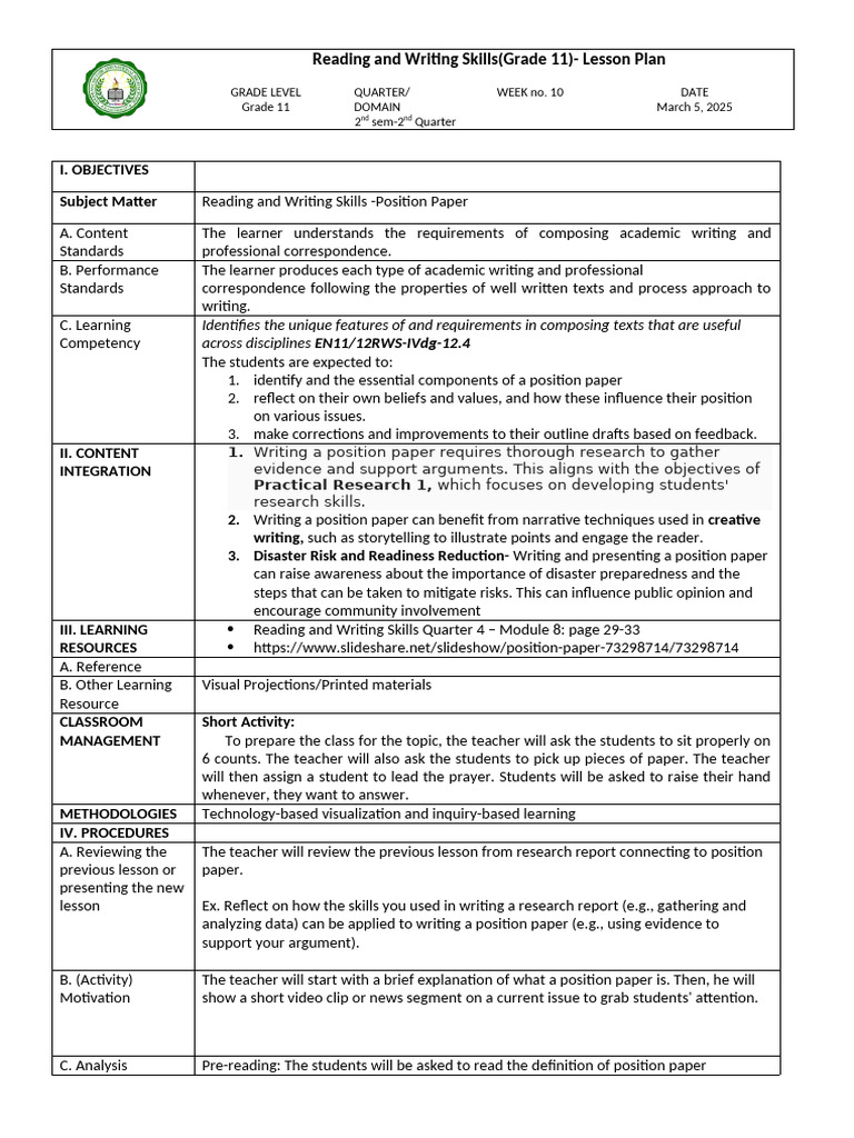 Grade 11 Position Paper Lesson Plan | PDF | Learning | Lesson Plan