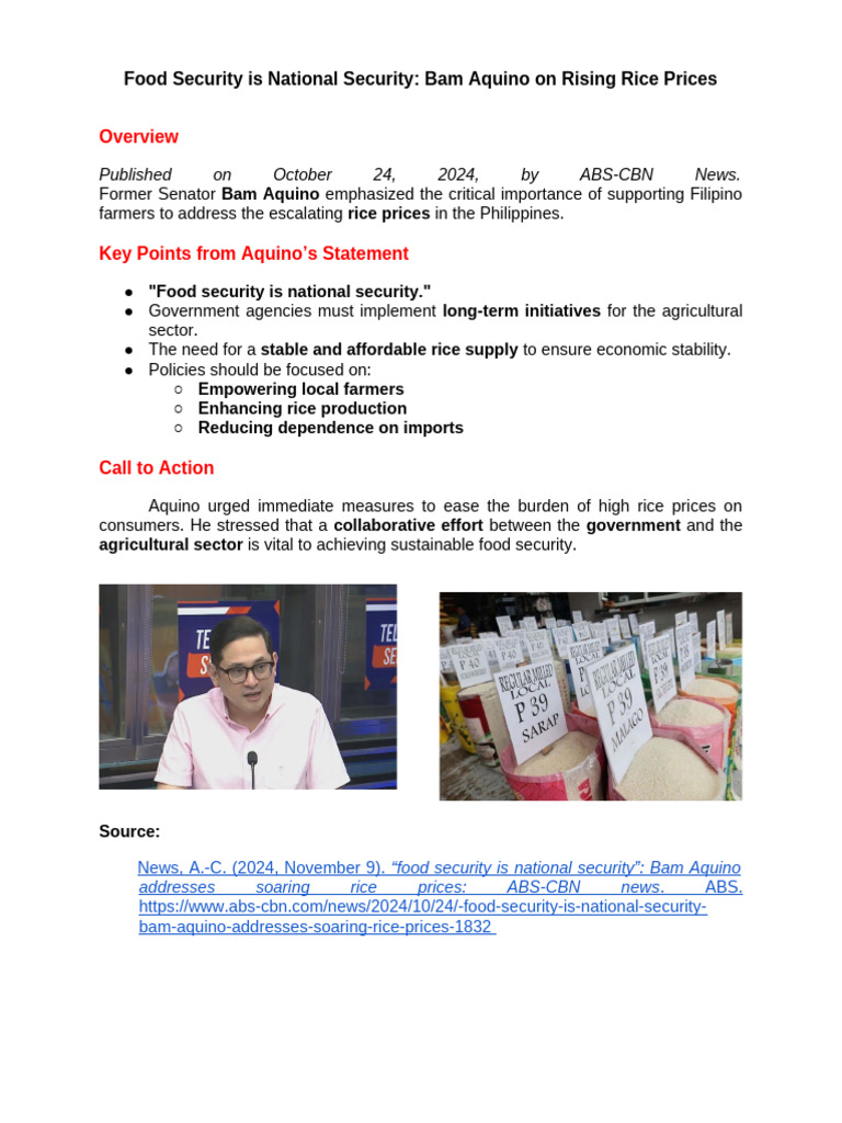 Bam Aquino: Food Security & Rice Prices | PDF