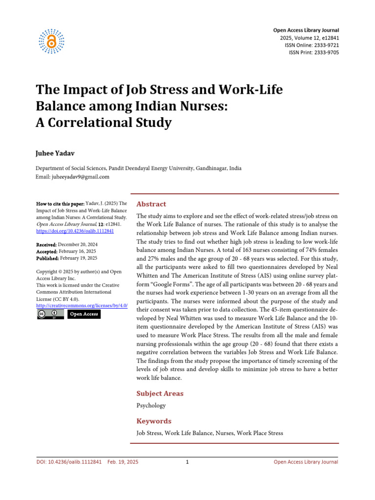 The Impact of Job Stress and Work-Life Balance Among Indian Nurses: A ...