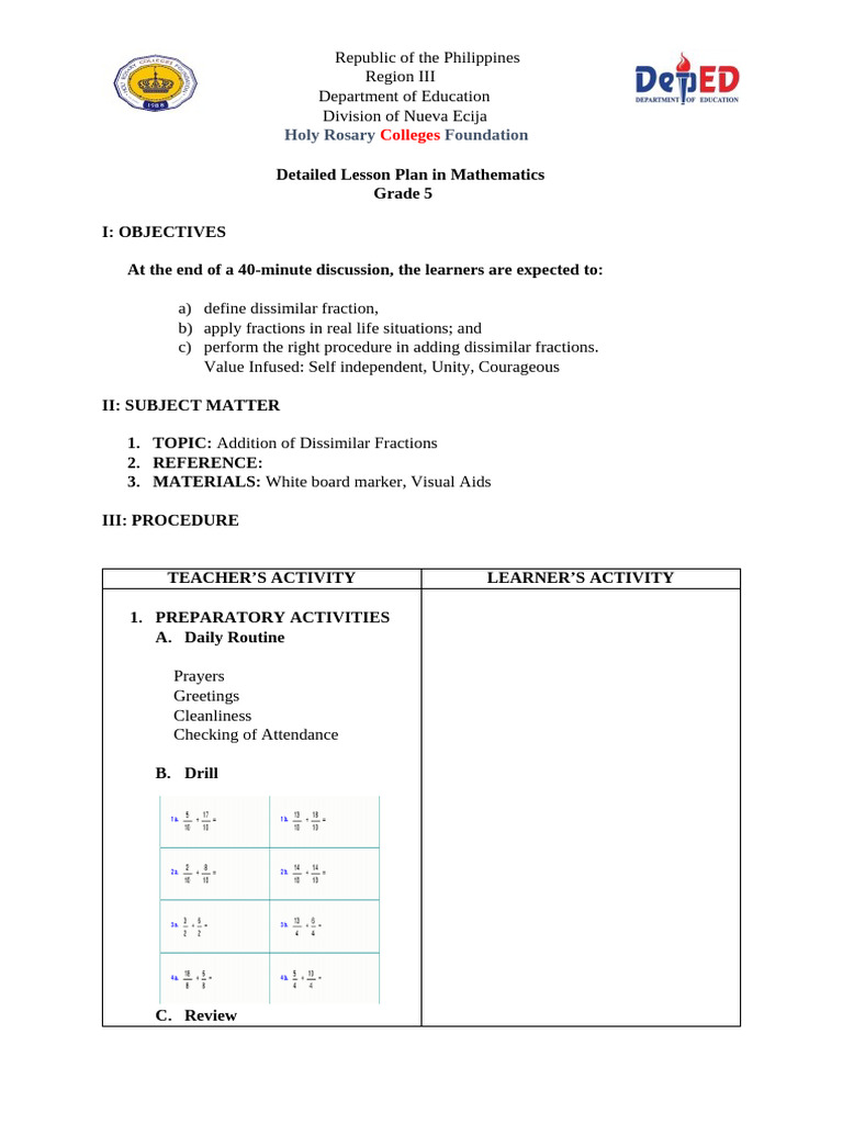 Detailed Lesson Plan in Math 5 | PDF | Arithmetic | Elementary Mathematics