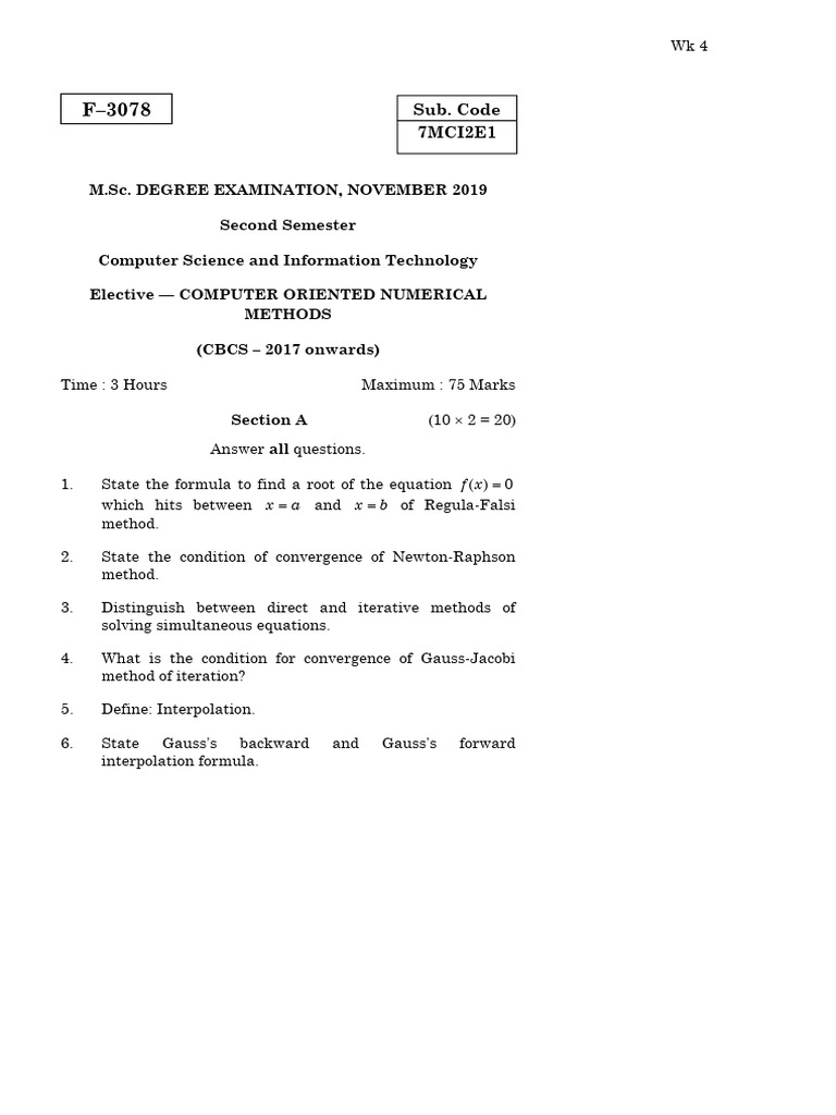 MSC 2 Sem Cs It Computer Oriented Numerical Methods F 3078 Nov 2019 ...
