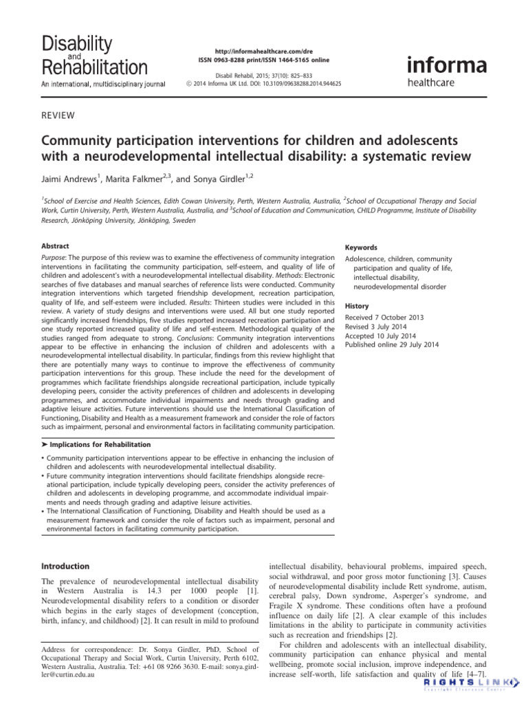 Community Participation for Neurodevelopmental Disabilities | PDF ...