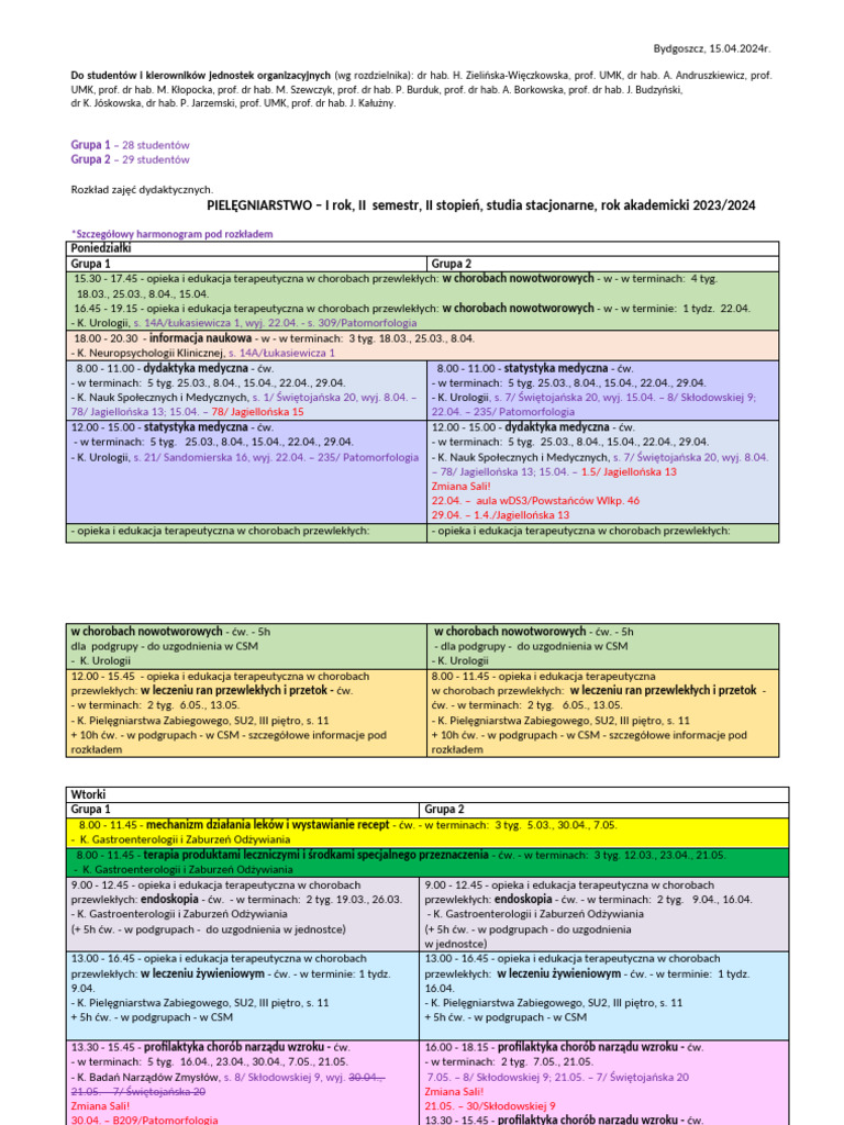 S Pielegniarstwo I Rok II Stopien 2023 2024-5 | PDF