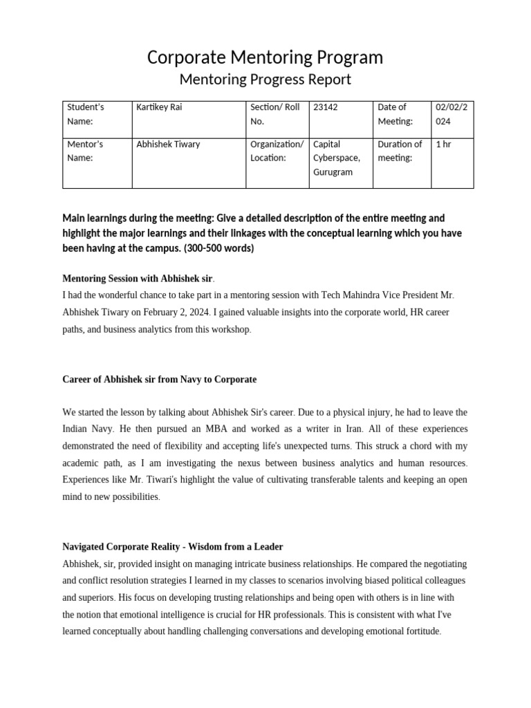 Corporate Mentoring Progress Report: Insights from Abhishek Tiwary ...