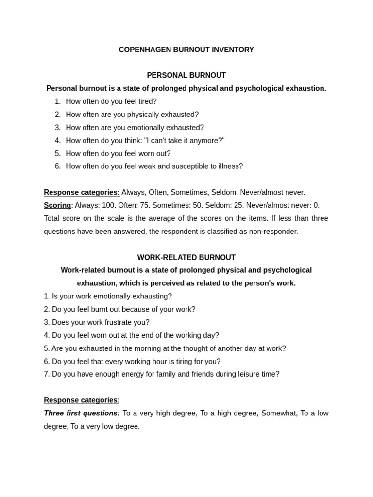 Copenhagen Burnout Inventory Guide | PDF | Occupational Burnout ...