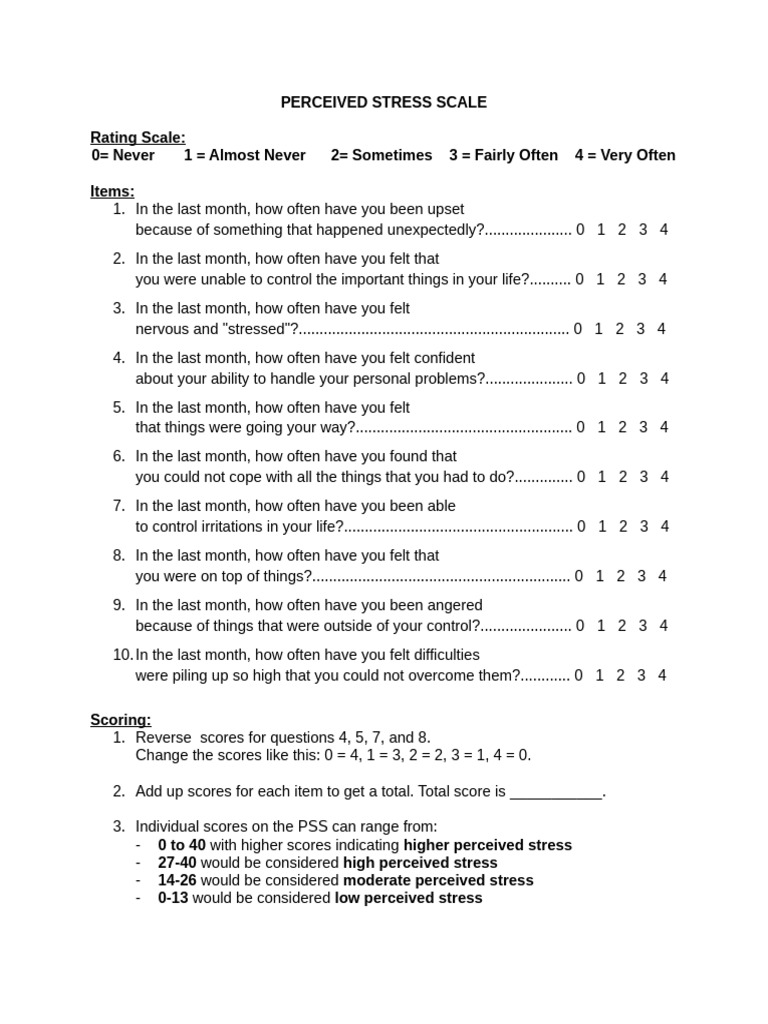Perceived Stress Scale Questionnaire | PDF