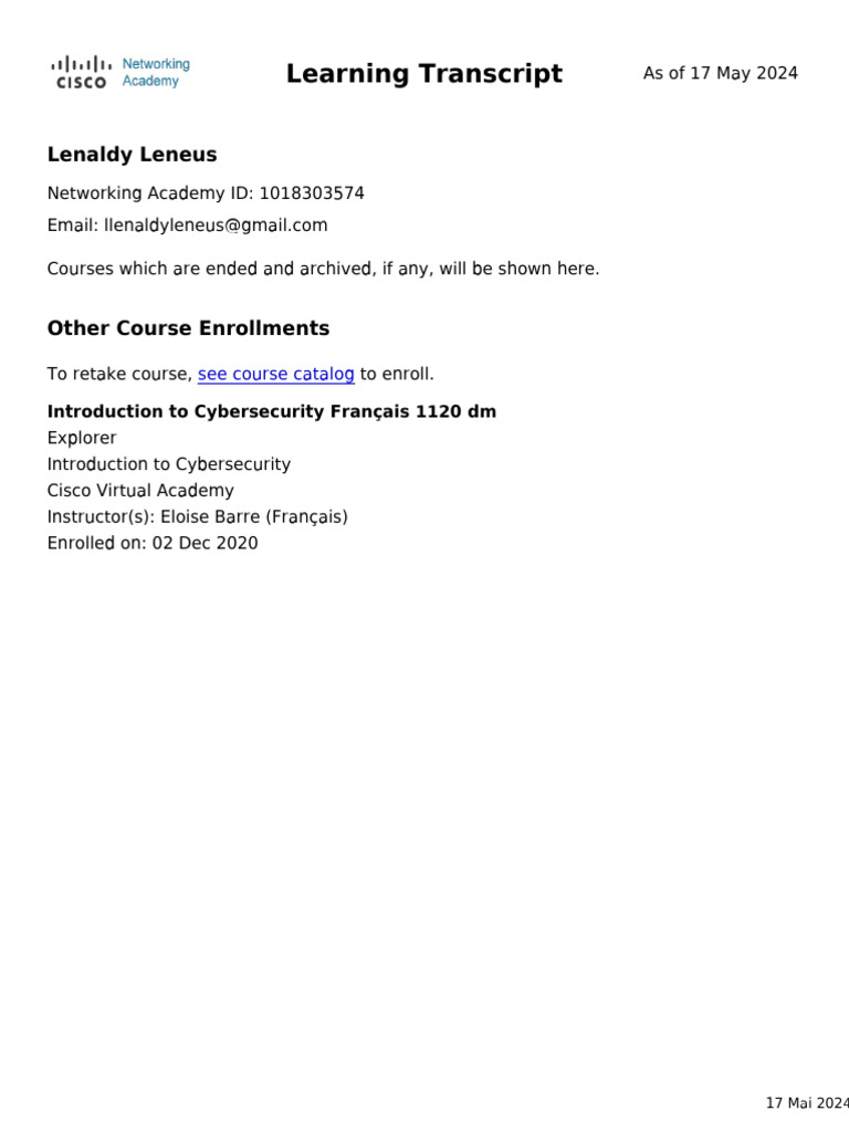 NetAcad Learning Transcript PDF