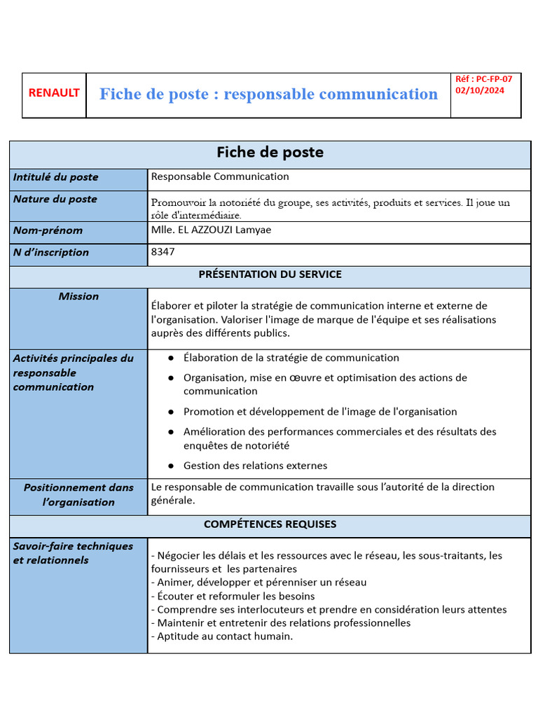 Fiche de poste : Responsable Communication | PDF