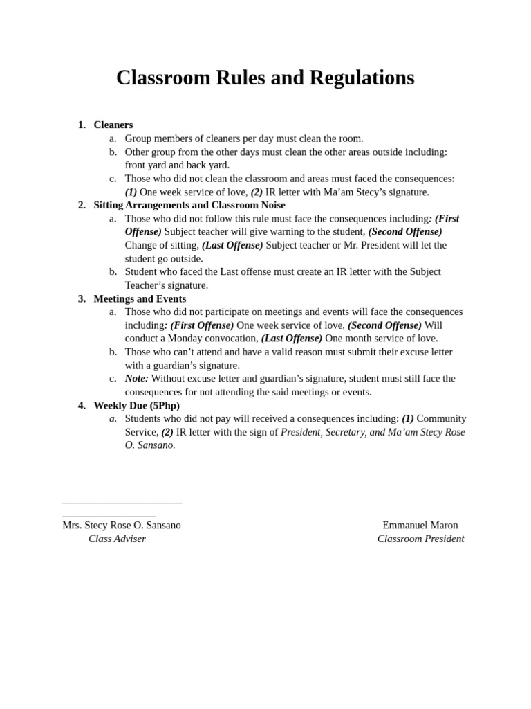 Classroom Rules and Regulations | PDF