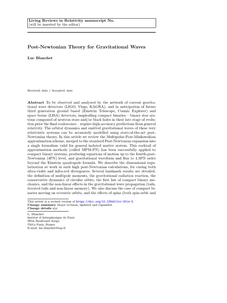 Post-Newtonian Gravitational Waves Review | PDF | Gravitational Wave ...