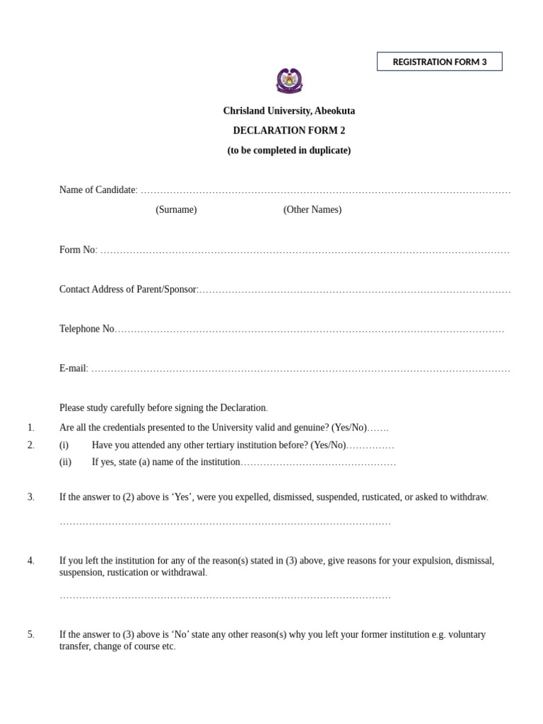 Chrisland University Declaration Form 2 | PDF | Affidavit | Government