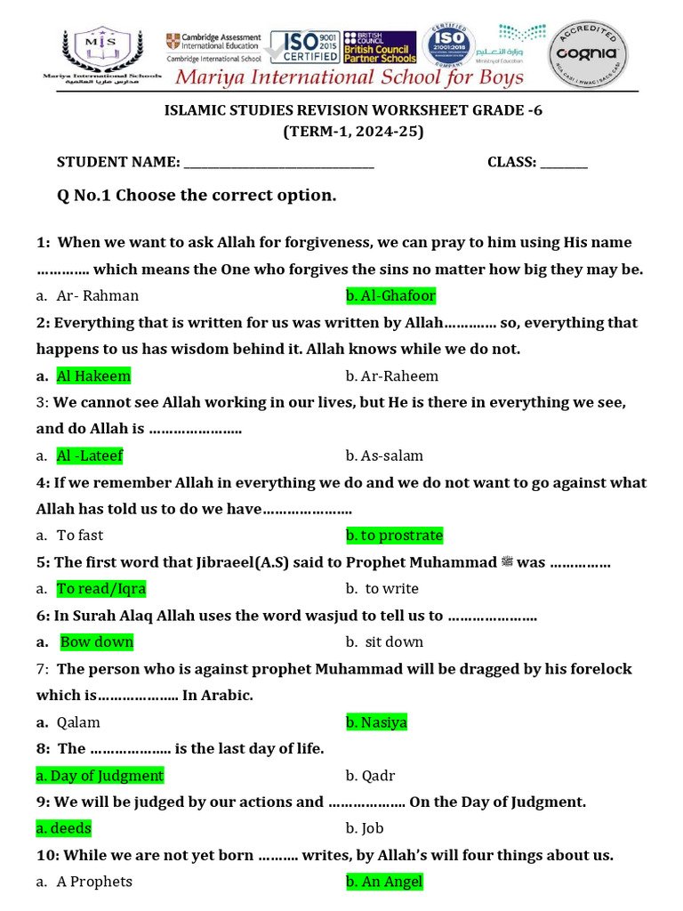 Grade 6 Islamic Studies Revision Worksheet | PDF | Quran | Islam