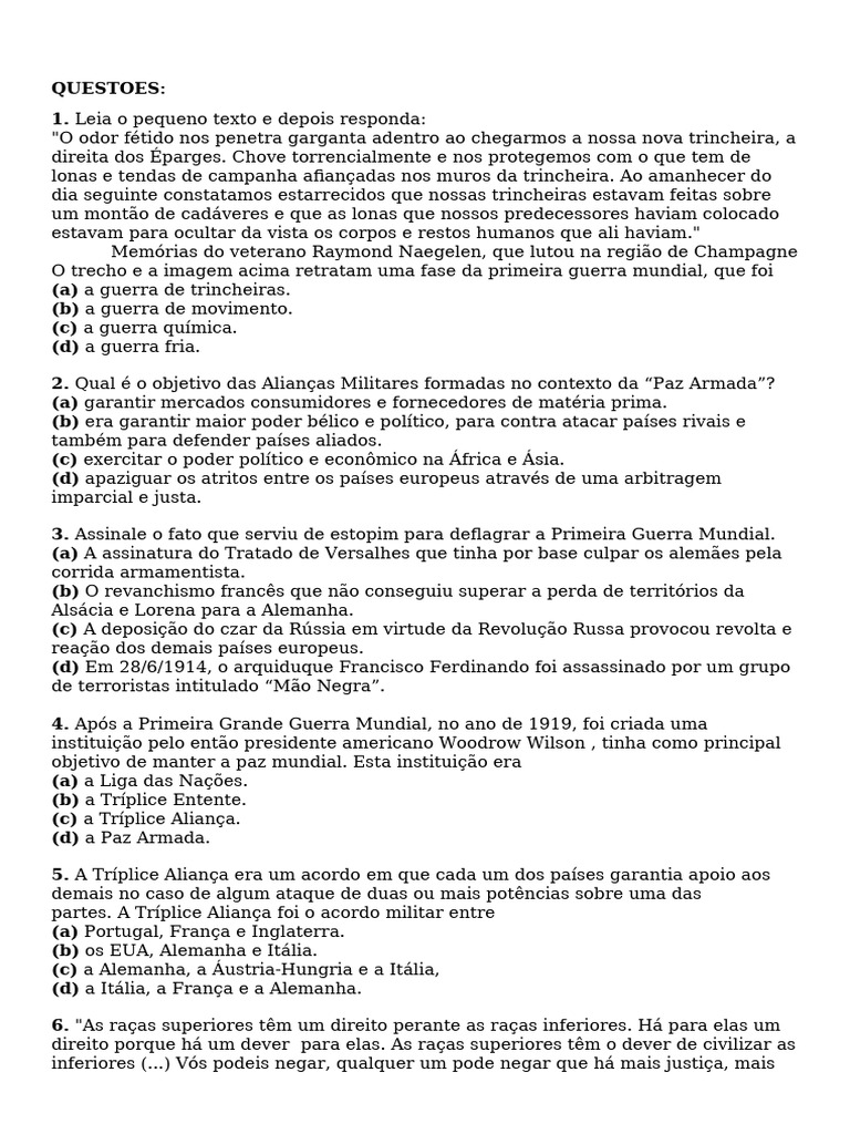 Questões sobre a Primeira Guerra Mundial | PDF | Primeira Guerra ...