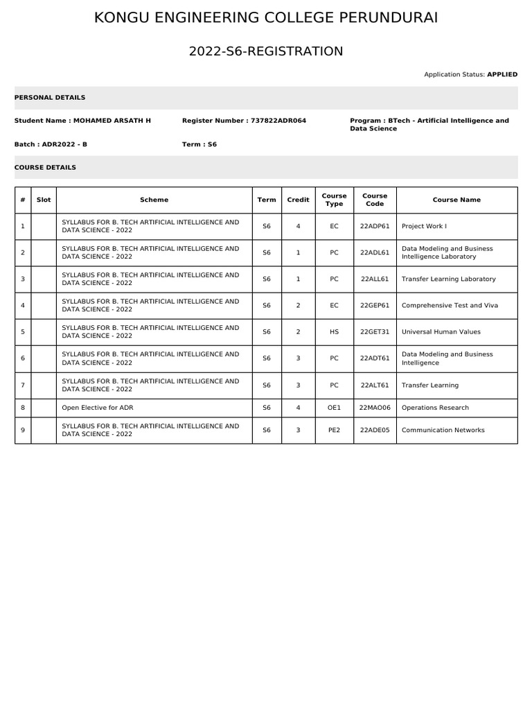 BTech AI & Data Science S6 Registration | PDF | Intelligence | Inquiry