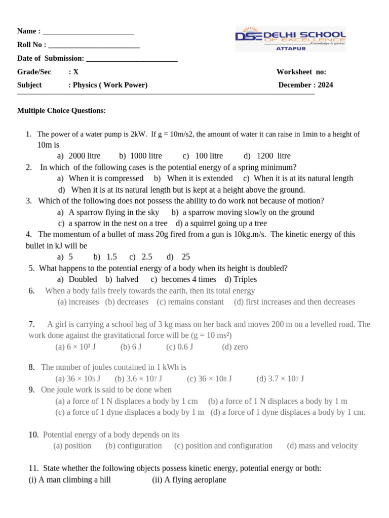 Physics Worksheet: Work and Energy MCQs | PDF | Force | Potential Energy