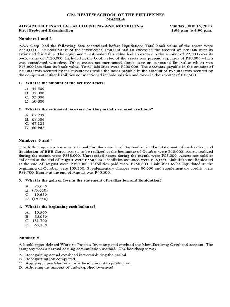 CPA Review: Advanced Accounting Exam | PDF | Franchising | Debits And ...
