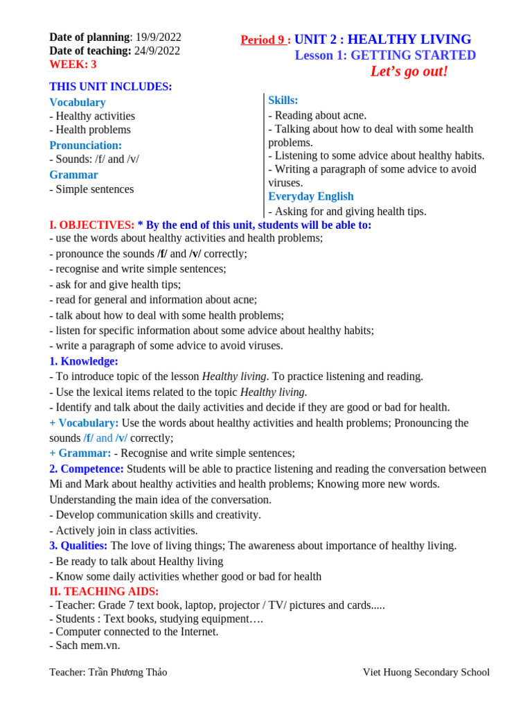 Healthy Living Unit 2 Lesson Plan | PDF | Vocabulary | Teachers