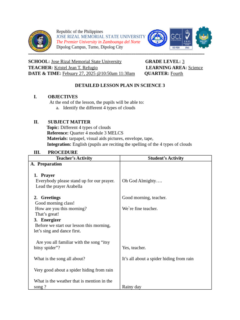 Detailed Lesson Plan 3 Weather | PDF | Cloud | Physical Geography
