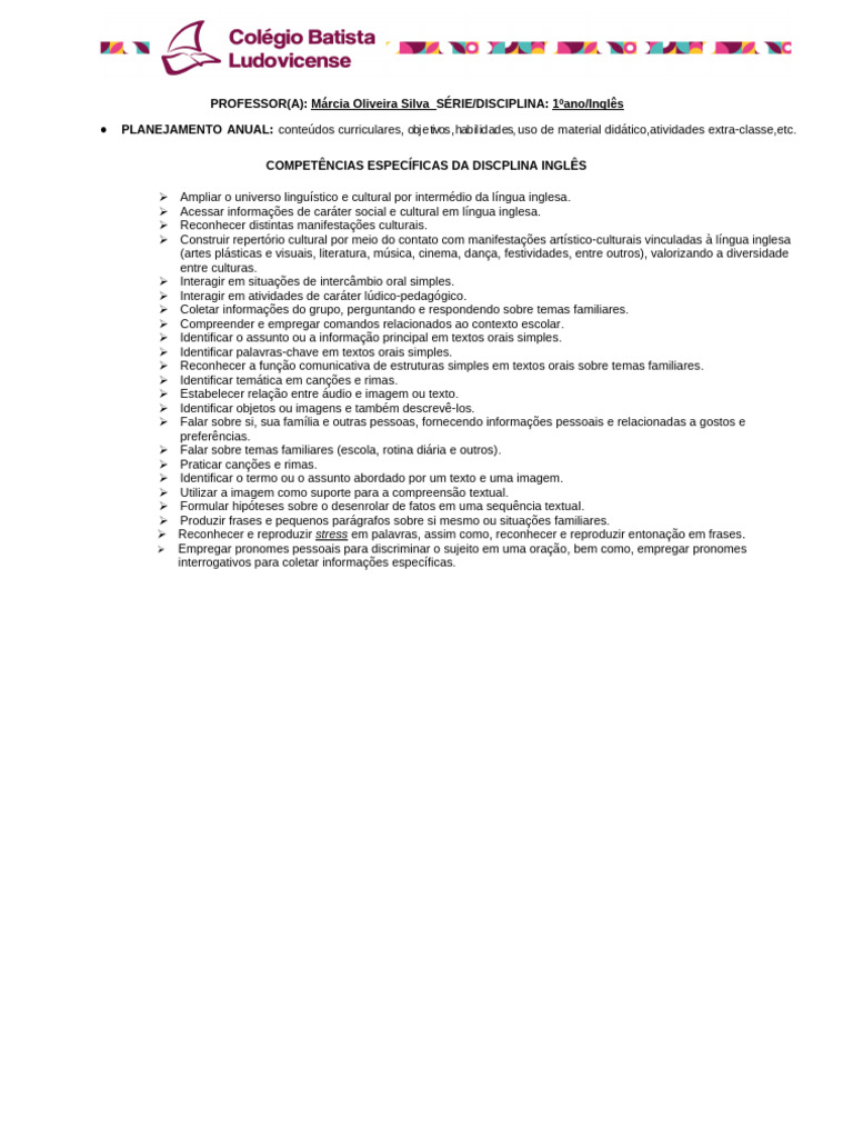 Planejamento Anual de Inglês 1º Ano | PDF | Imagem | Pronome