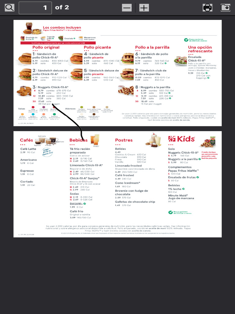 Menú de Chick-fil-A: Opciones y Calorías | PDF | Alimentos | Cocina