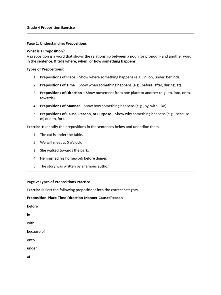 Grade 4 Preposition Exercises Guide | PDF