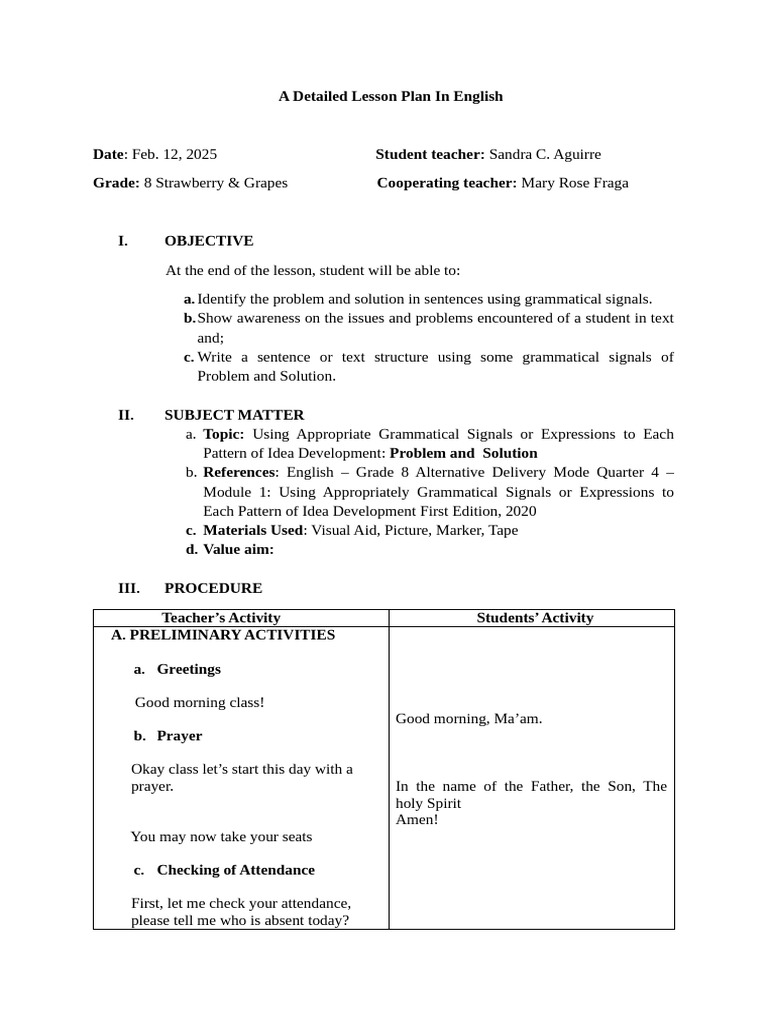 Lesson Plan: Problem and Solution in English | PDF