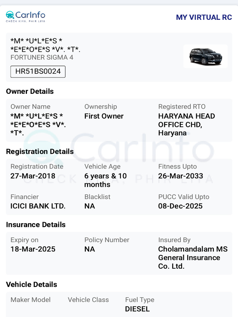 Toyota Fortuner RC Details & Ownership | PDF