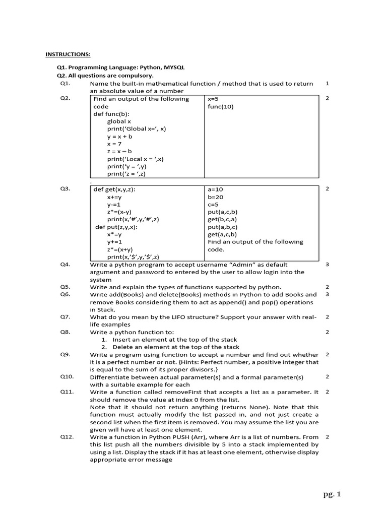 Python Programming Exam Questions | PDF | Parameter (Computer ...
