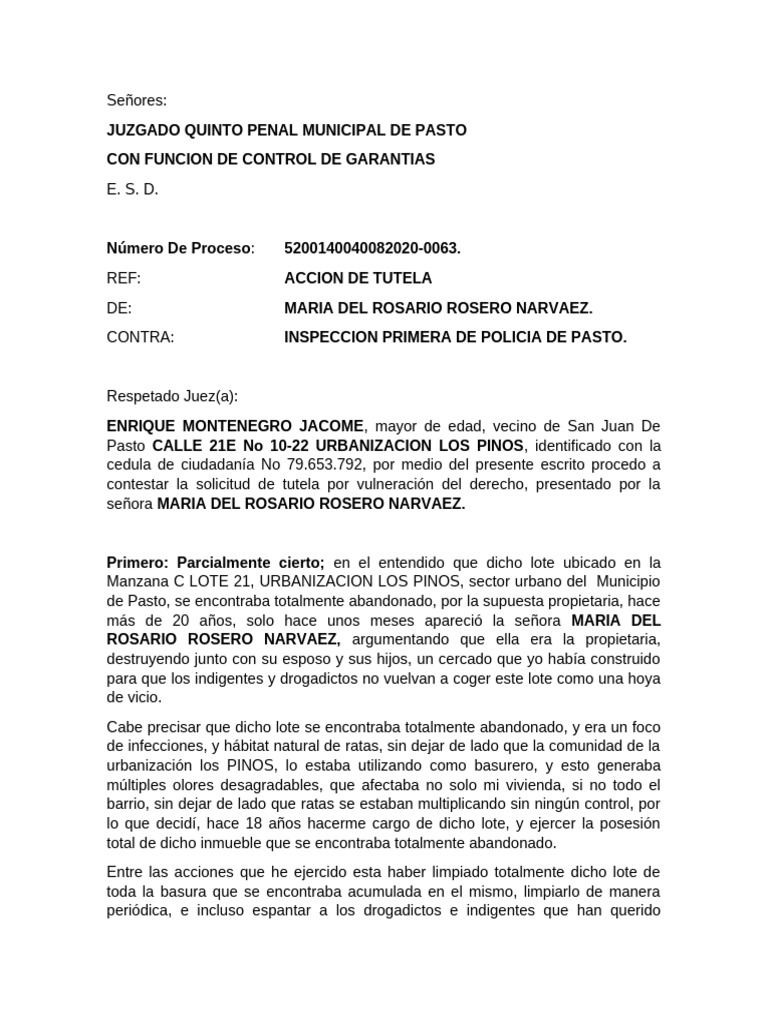 Contestación a Acción de Tutela en Pasto | PDF | Posesión adversa ...