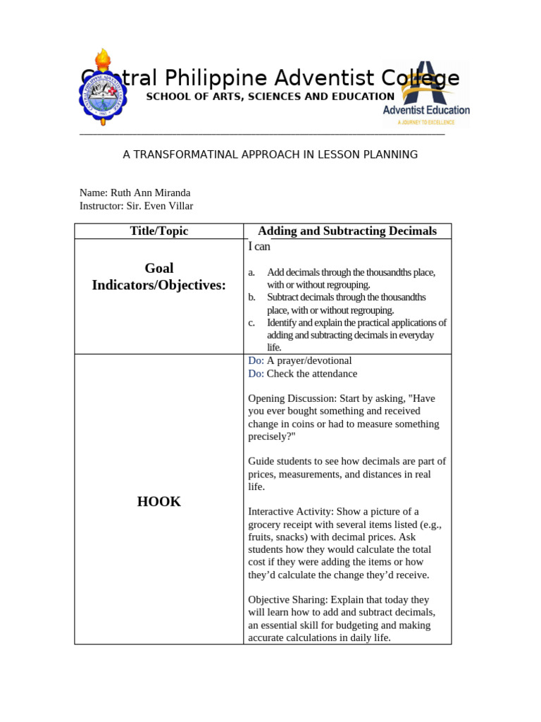 Adding and Subtracting Decimals Lesson | PDF | Decimal | Learning