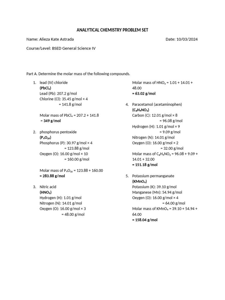Ana Chem Problem Set | PDF | Mole (Unit) | Molar Concentration
