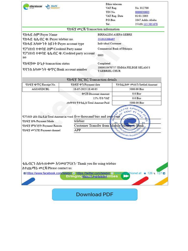 Ethio Telecom Payment Transaction Details | PDF