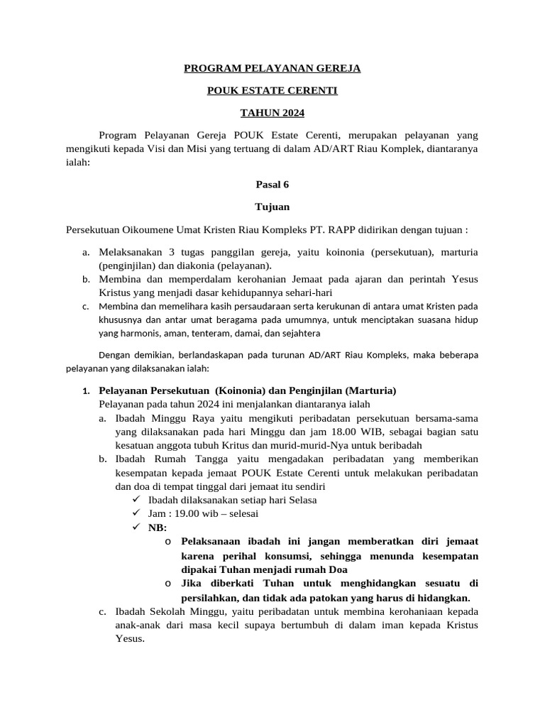Program Pelayanan Gereja POUK 2024 | PDF