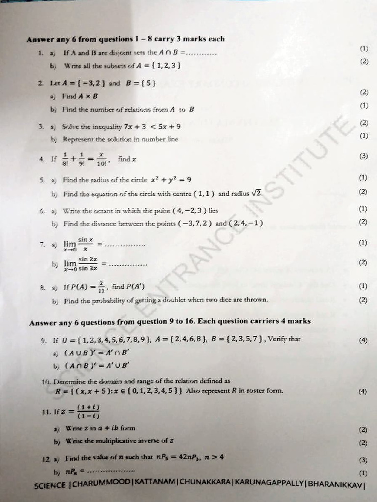 Plus One QP Set - Maths | PDF