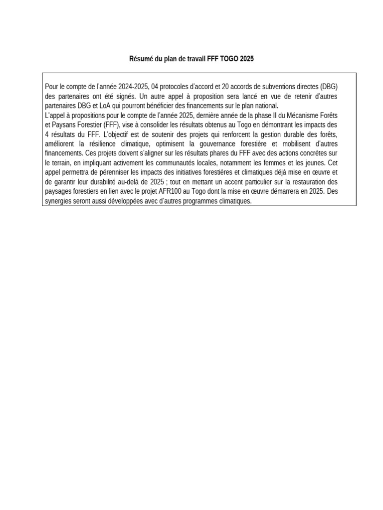 PTA FFF - Togo 2025 | PDF | Forêt | Développement durable