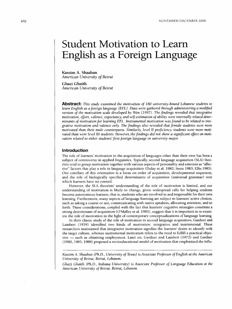 Student Motivation To Learn English As A Foreign Language (Kassim A ...