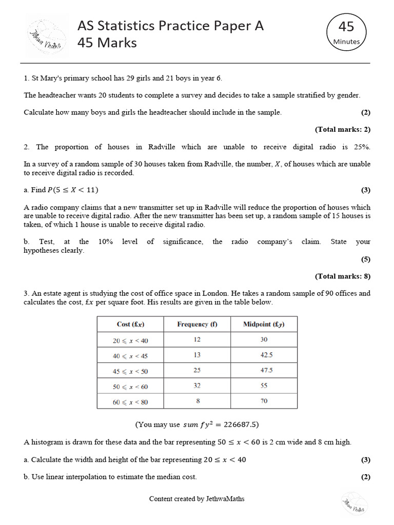 Year 12 Statistics Practice Paper | PDF | Evaluation Methods | Sampling ...