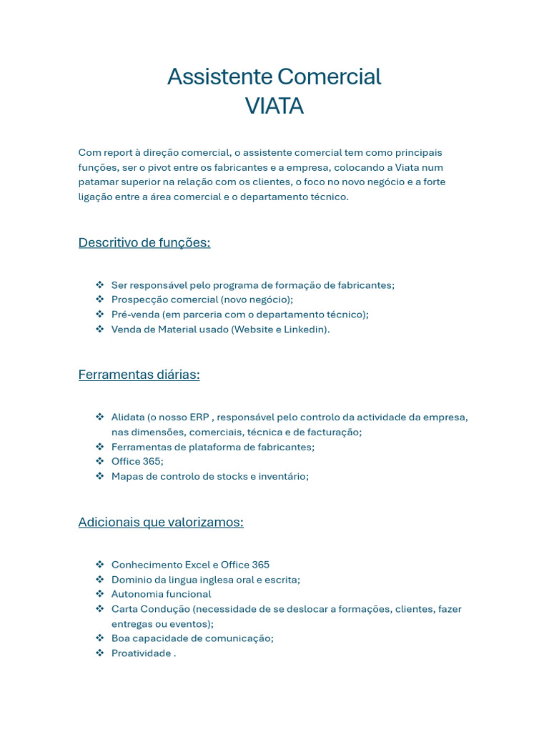 Funções do Assistente Comercial na Viata | PDF