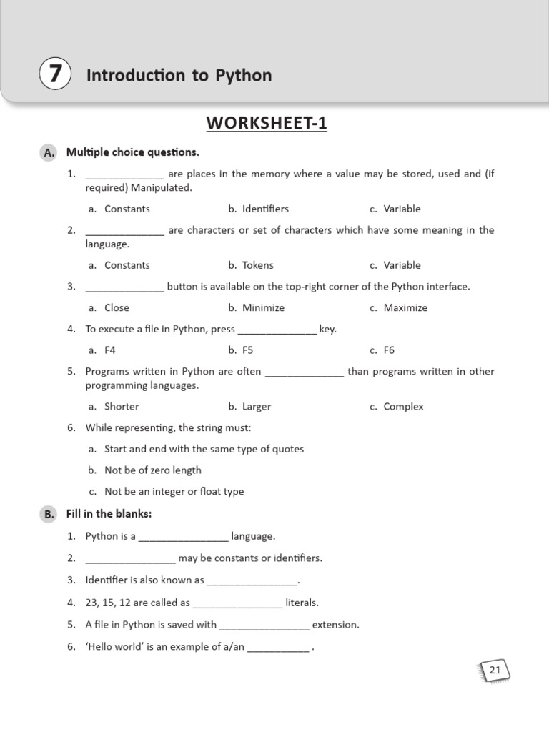 Python Basics Worksheet: MCQs & Exercises | PDF | String (Computer ...
